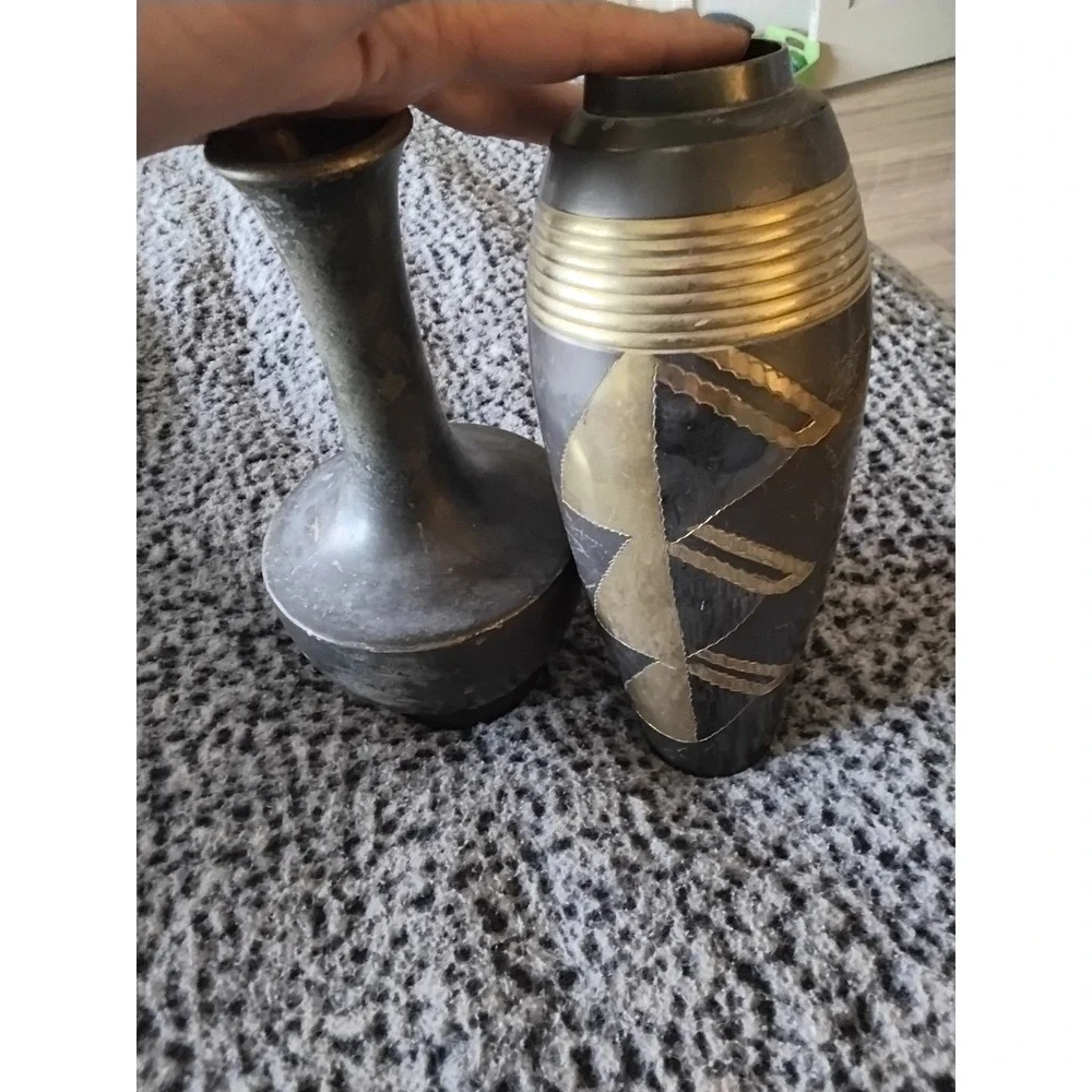 Vintage‎ Terrybear India Brass Vases Mixed Metal Floral Geometric Decor Set of 2